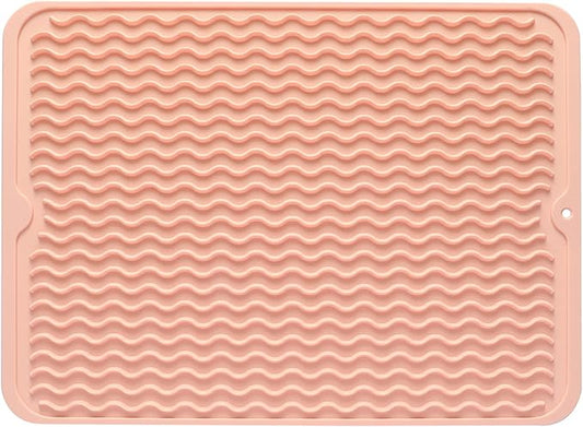 MicoYang Silicone Dish Drying Mat — Quick-Dry Ridges Counter & Sink Pad, Heat-Resistant Trivet to 450°F, Non-Slip & Dishwasher Safe, Roll-Up Storage, 18 Colors & 9 Sizes (Pink, 16"×12")