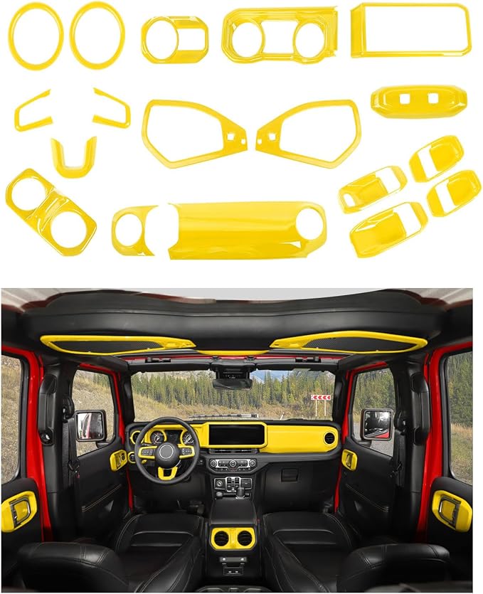 21PCS Full Set Interior Trim Kit for 2024-2026+ Jeep Wrangler JL JLU & Jeep Gladiator JT, Dashboard Side Outlet Door Handle Bowl Headlight Switch Roof Reading Light Cover (Yellow)