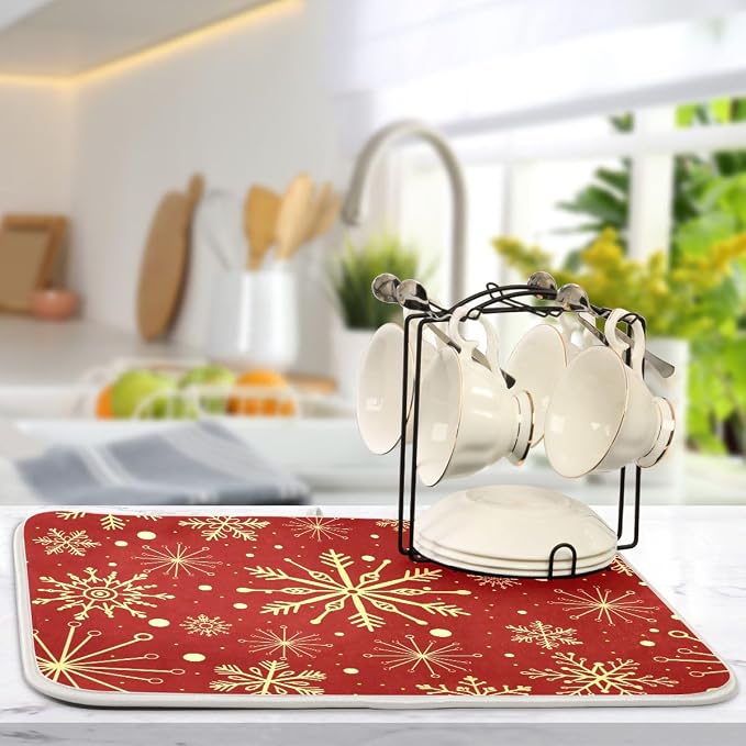 Christmas Snowflakes On Red Dish Drying Mat for Kitchen, Absorbent Microfiber Drying Pad Dish Mat, 16" X 18"