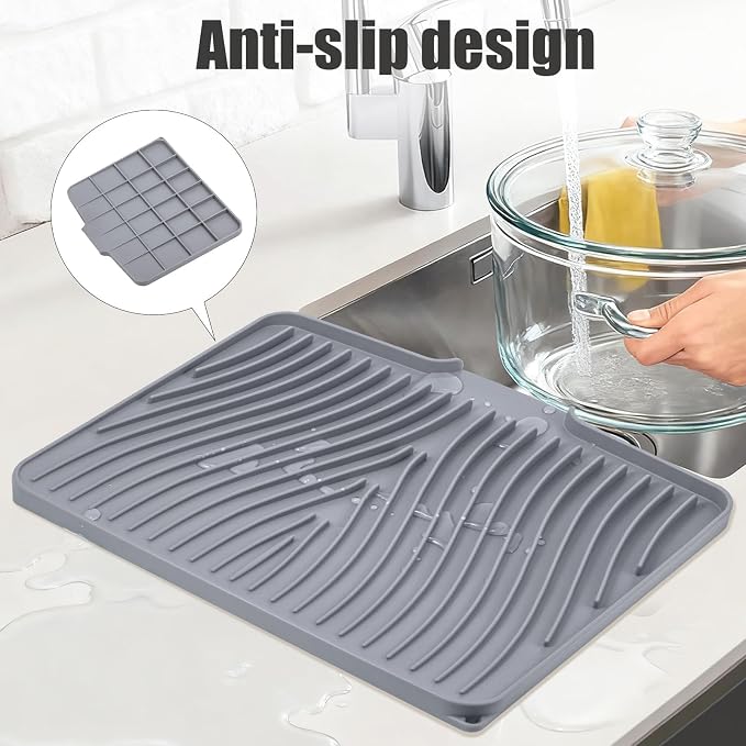 TIKNIK Silicone Dish Drying Mat for Kitchen Counter - Heat Resistant & Non-Slip Dish Drain Pad with Built-In Drain, Dishwasher Safe, Quick-Dry, Hangable & Roll-Up for Storage, Grey-1pcs, 20" x 15"