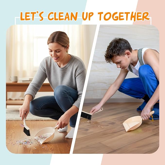 Sliner 18 Pack Mini Dustpan Brush Set Small Broom Set Bulk,Blue, Pink,Beige | Nesting Snap Plastic Dust Pans with Brush, Small, Handheld, Portable, Cleaning, Suitable for Desktop Pets Care Camping