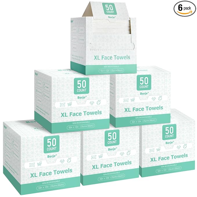 Borje Face Towels XL, Thick Disposable Face Towel 10" x 12", 300 Count (6 Packs of 50), 100% USDA Biobased Facial Towelettes, Ultra Soft Makeup Remover Dry Wipes for Women Cleansing