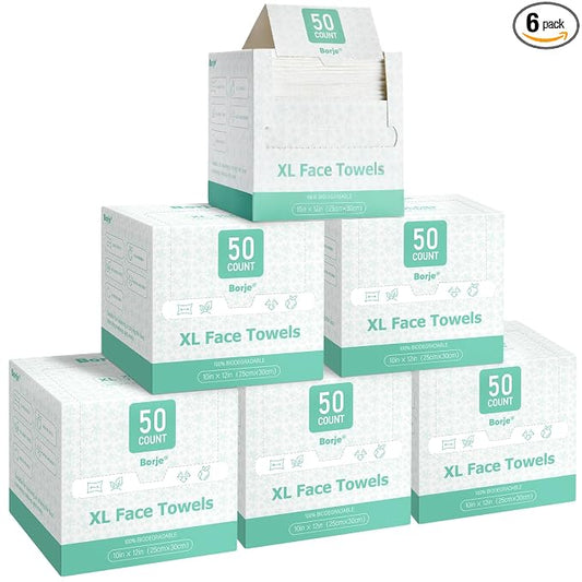 Borje Face Towels XL, Thick Disposable Face Towel 10" x 12", 300 Count (6 Packs of 50), 100% USDA Biobased Facial Towelettes, Ultra Soft Makeup Remover Dry Wipes for Women Cleansing