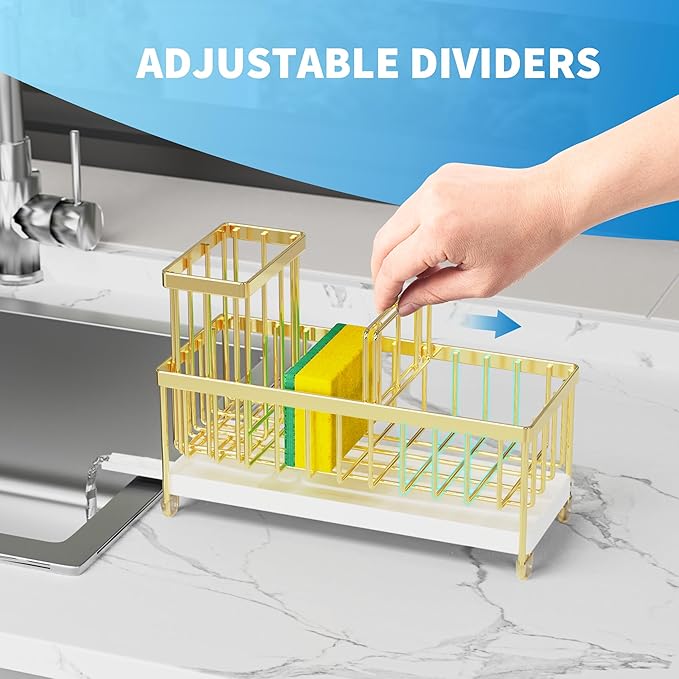 Cisily Sponge Holder for Kitchen Sink, Sink Caddy Organizer with High Brush Holder, Kitchen Countertop Organizers and Storage Essentials, Rustproof 304 Stainless Steel (Gold, 9.25″)