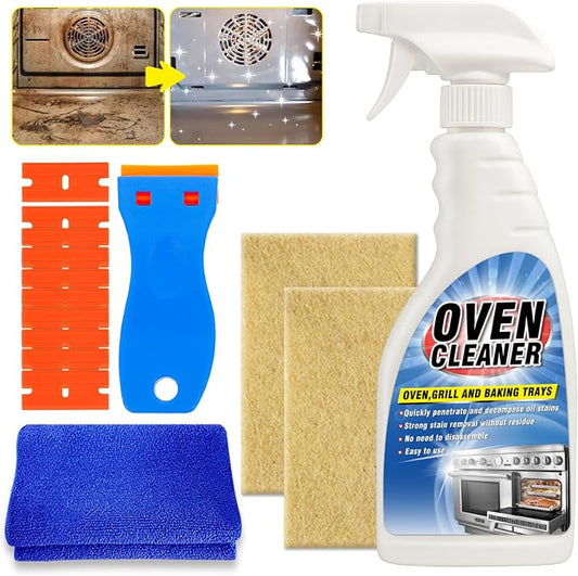 Oven Cleaner Heavy Duty 500ml, Complete Oven Cleaner Non Toxic Fume Free with Non-Scratch Scraper, Cloth, Easy Deep Clean for Racks, Grills, BBQ, Air Fryers, Kitchens, Outdoor and Vehicles