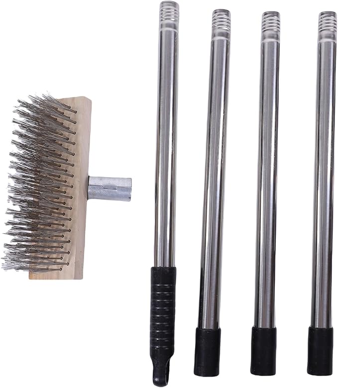 Heavy Duty Stainless Steel Wire Scrub Brush with Long Handle Moss Remover Wire Broom Outdoor Floor Scrub Brush for Patio Deck Garden Garage (20cm / 7.9in)