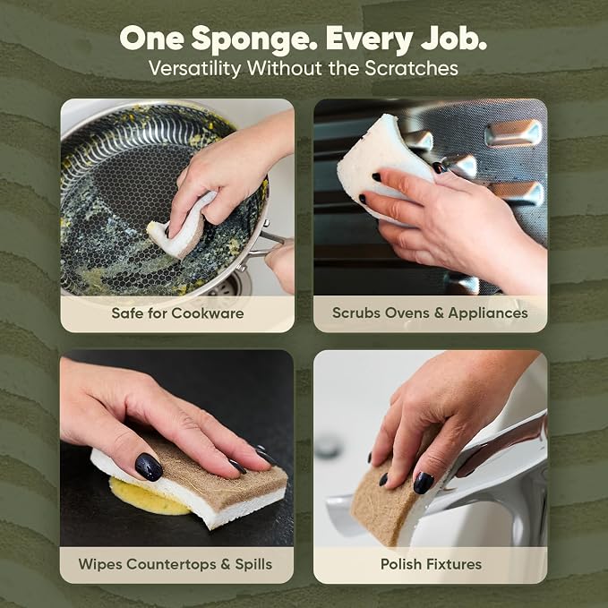 Plant-Based Kitchen Sponges (12 Pack) | USDA Biobased Certified | FSC & PETA Approved | Natural Cellulose & Coconut Scrubber Sponge | S-Shaped Design | Eco-Friendly, Non-Scratch, Non-Toxic & Vegan
