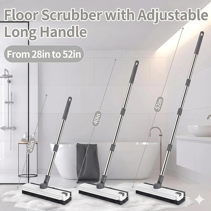 3 in 1 Floor Scrub Brush,Floor Scrubber with Squeegee and Tweezer, Push Broom with Long Handle,Heavy-Duty Stiff 90° Bristle Broom for Patio,Shower, Garage,Deck,Tile, Concrete & Wood Surface (White)