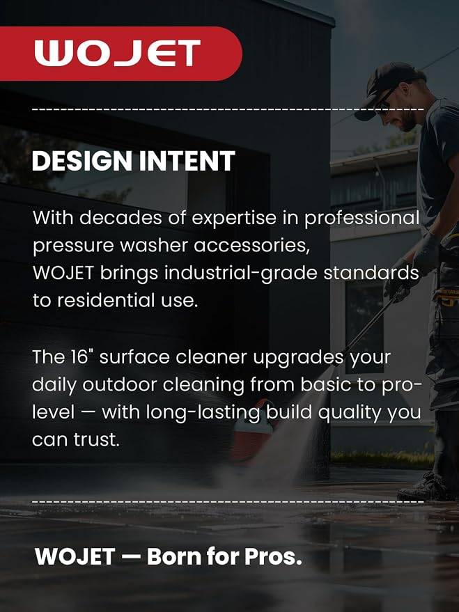WOJET 16" Stainless Steel Pressure Washer Surface Cleaner, Professional Grade Power Washer Surface Cleaner Attachment for Concrete Driveway, Patio, Deck, Sidewalk, Fits Gas & Electric Washers 4500 PSI