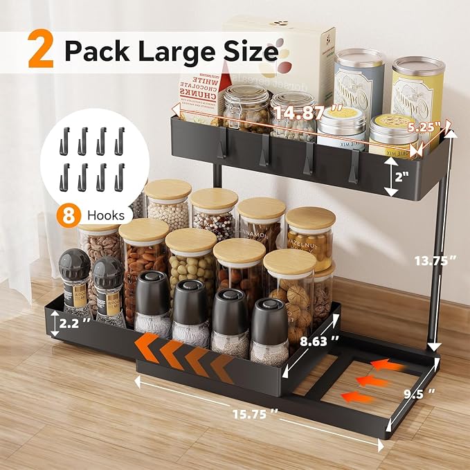 Simple Trending Under Sink Organizer 2 Pack, 2 Tier Cabinet Organizer with Sliding Basket, Multi-Purpose Sink Storage Basket with 4 Hooks for Kitchen Bathroom, Black