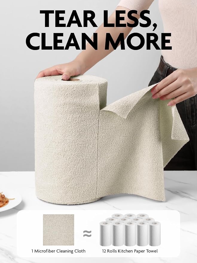 Fantasticlean Microfiber Cleaning Cloth Roll- 75 Sheets, 12"x12" (CoolGrey) | Super Absorbent, Lint-free, Tear-away Microfiber Towel Roll, for All-Purpose Cleaning, Reusable Alternative to Paper Towels