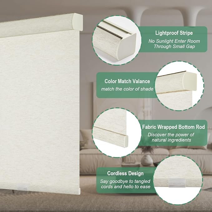Tonature Cordless Light Filtering Roller Blinds for Window, Room Darkening Roller Windows Shades with Faux Linen Anti-UV Roller Blinds for Bedroom, Living Room, Home Office,Nursery(93"W x 64"H,Beige)