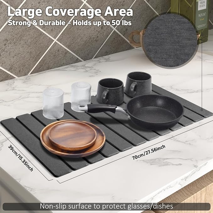 Foldable Stone Dish Drying Mat, 2 Pack Super Absorbent Diatomaceous Earth Bath Mat with Anti-Slip Base, Quick Drying Modern Mat for Bathroom Kitchen Counter