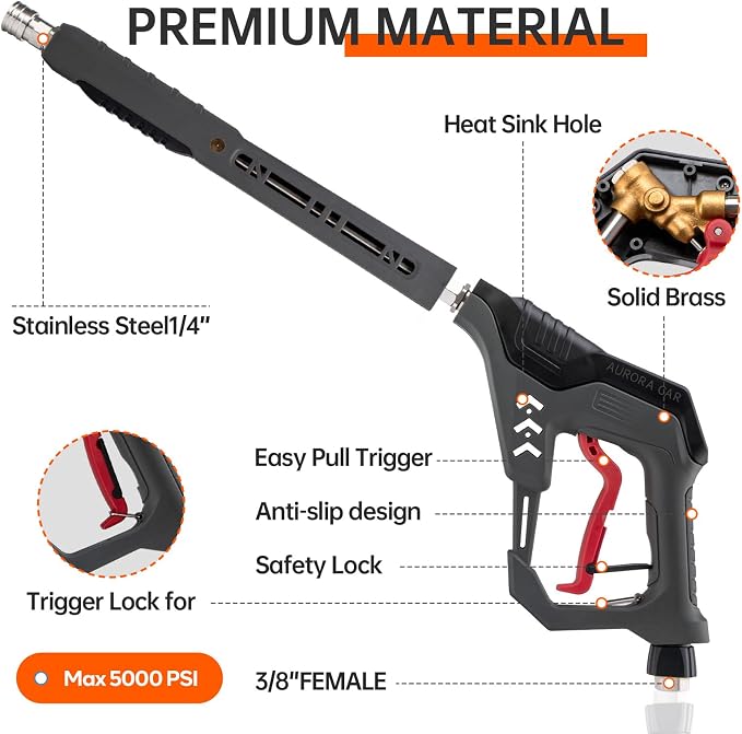 AURORA CAR Pressure Washer Gun with Swivel, with Replacement Wand Extension | 5000PSI Power Washer Gun with M22 14mm & 15mm Fitting, 3/8" Quick Connect Plug, 5 Nozzle Tips with Nozzle Holder, 41 Inch