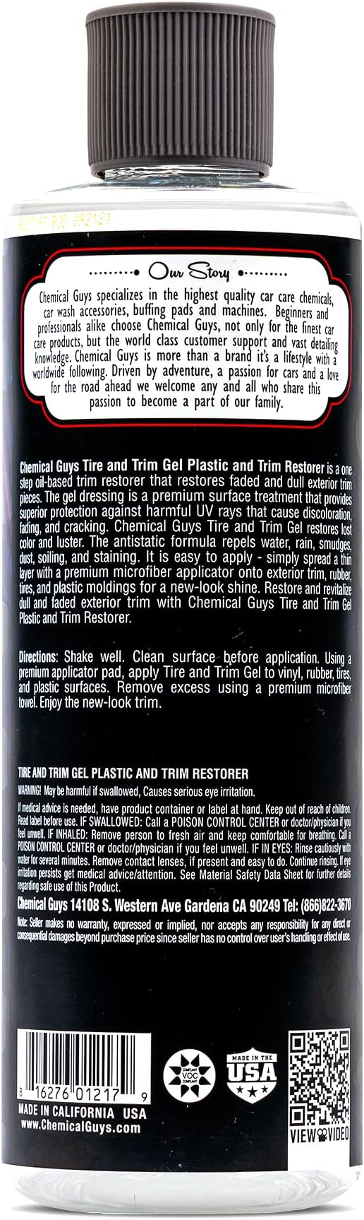 Chemical Guys, Tire & Trim Gel for Plastic & Rubber, Restores Shine, 16 oz | Thick gel restores faded tires, trim and bumpers with a deep shine and a protective layer, non-greasy