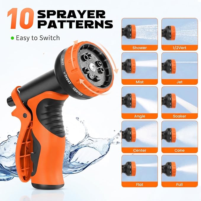 Garden Hose Nozzle with 10 Spray Patterns – High Pressure Water Sprayer for Car Washing, Pet Bathing & Lawn Care with Lock Feature & Comfort Grip – Fits All 3/4" Standard Hoses Thread