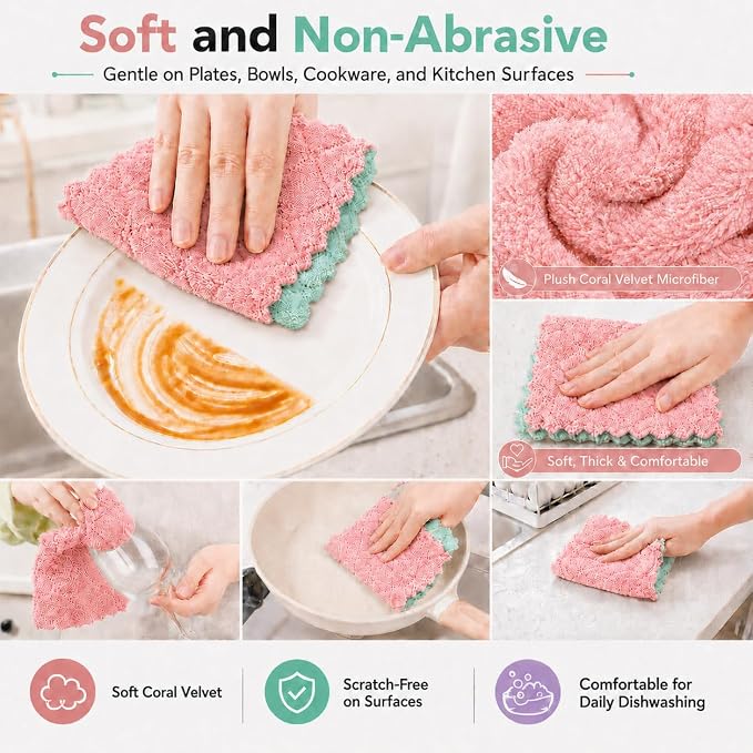kimteny 12 Pack Dish Cloths for Washing Dishes, Super Absorbent Microfiber Kitchen Dish Rags, Fast Drying Coral Velvet Dish Cloths for Kitchen Counter and Dishes (Pink-Green)