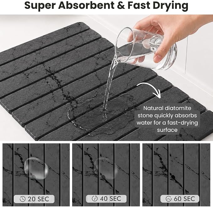 Stone Dish Drying Mat for Kitchen Counter Large Quick Dry Diatomaceous Earth Stone Drying Mat Foldable Water Absorbent Dish Drying Mat for Dishes Cups Bottles Kitchen Sink Countertop (Grey Marble)