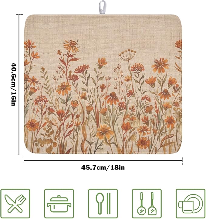 Fall Floral Dish Drying Mat for Kitchen Counter 16 x 18 Inch Autumn Sunflower Dish Drainer Mat Absorbent Microfiber Thanksgiving Dish Rack Pad for Coffee Dining Bar Kitchen Decor