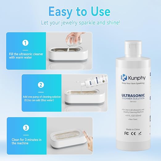 kunphy Jewelry Cleaner Solution -Ultrasonic Cleaner Solution for Gold, Silver, Platinum Diamonds and Non-Porous Precious & Semi-Precious Jewelry 4 oz(120ml) (Pack of 2)