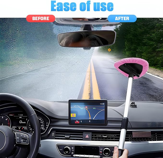 Extendable Car Windshield Cleaning Tool with Microfiber Pads, Pink | reusable glass-wiper design, interior and exterior window use, fits most cars, SUVs, and trucks, automotive cleaning tools