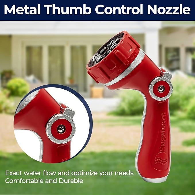 HugeDawn Garden Hose Nozzle with 7 Spray Patterns, Heavy Duty Metal Sprayer 30% Greater Water Flow for Watering, Car Wash, Outdoor Cleaning (Red)
