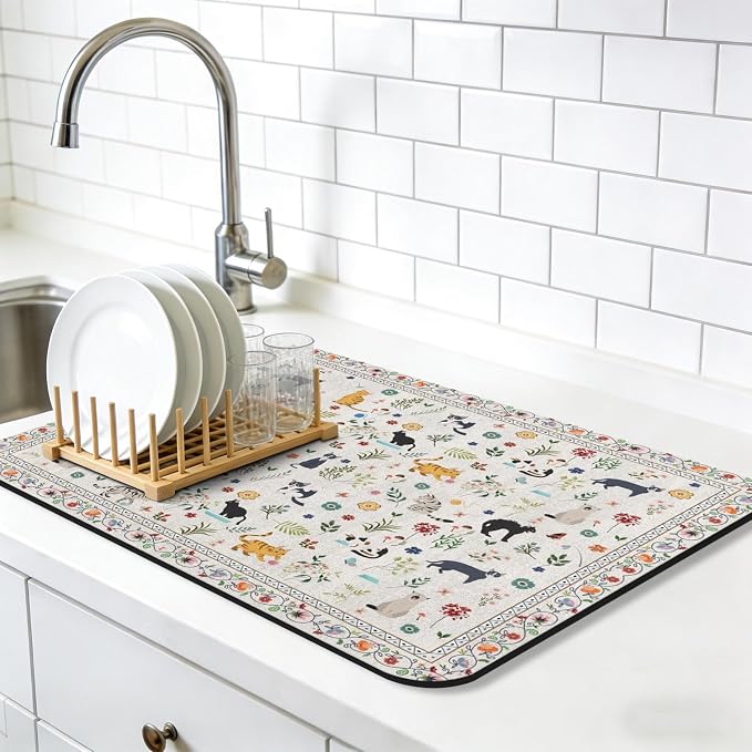 Dish Drying Mat, Vintage Rustic Boho Kitchen Dishes Absorbent Pad, 16x18in | Eco-friendly diatomite with non-slip rubber backing. Super absorbent mat for kitchen counters, coffee bars & sinks