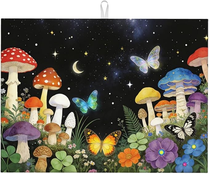 Mushroom Dish Drying Mat, for Kitchen Counter Microfiber Absorbent, Aesthetics Dish Draining Mat Extra Large 18"x24"