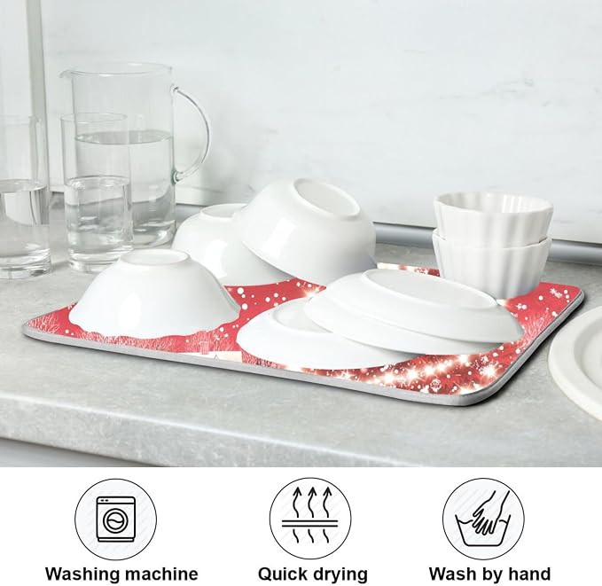 Christmas Tree Red Dish Drying Mat for Kitchen Countertop 16x18 Winter Snow Cabin Xmas Small Drying Mat Reusable Quick Dry Dish Sink Mats Easy Clean Decorative Essentials