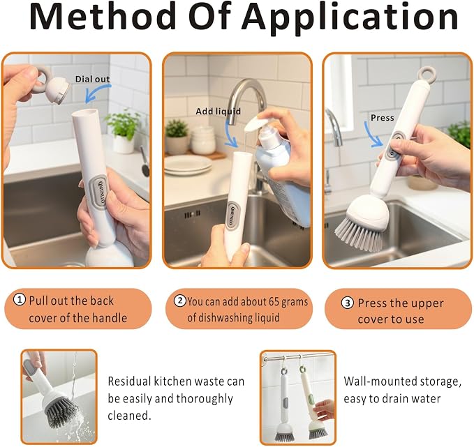 QMUNLLO 360° Rotating Dish Brush with Soap Dispenser, Non-Slip Long Handle Kitchen Scrubber Cleaning Set with Towel and Wall Hook, Ideal for Sink, Pans, Pots Cleaning(Green)