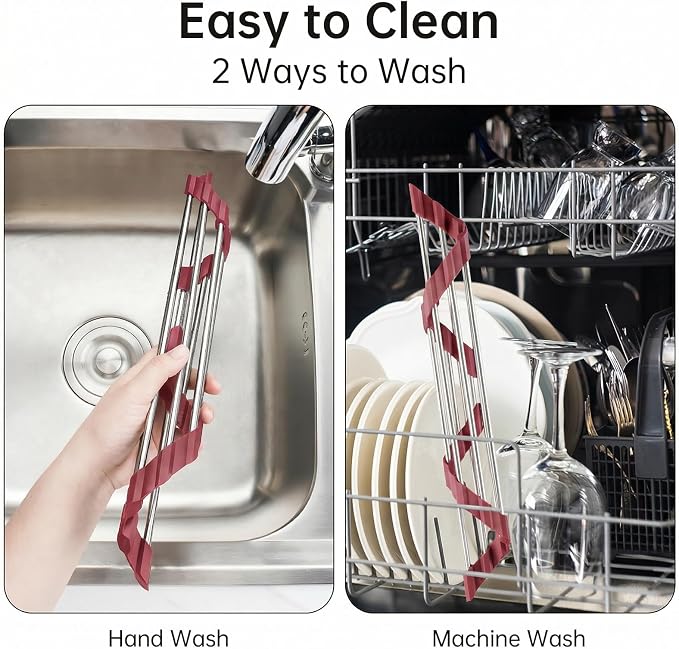Tomorotec Foldable Stainless Steel Triangle Roll-Up Dish Drying Rack for Small Sink Corners - Over-The-Sink Multipurpose Kitchen Drainer, Rustproof Organizer, Trivet and Shelf - Space-Saving(Wine Red)