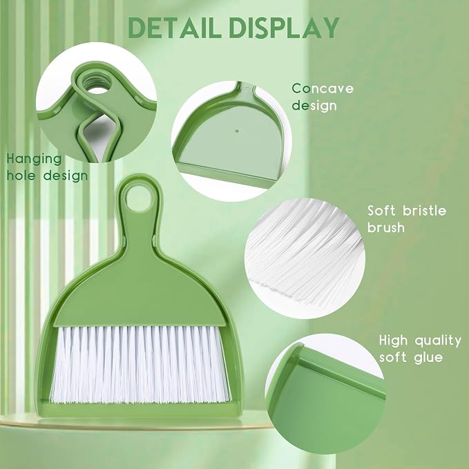 THINKLEARN 2PCS Small Dust Pan and Brush Set | Portable Mini Broom Dustpan Combo Set, Green Cleaning Supplies