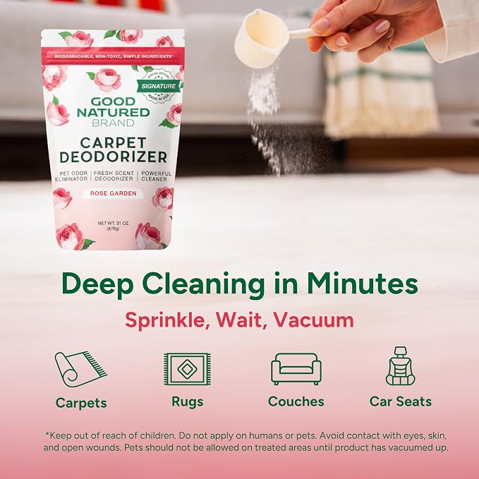 Good Natured Brand | Carpet Freshener & Deodorizer Powder | 31 oz Pet Odor Eliminator for Strong Odor & Pet Urine | Fresh Natural Rose Garden Scent | Safe for Homes with Pets