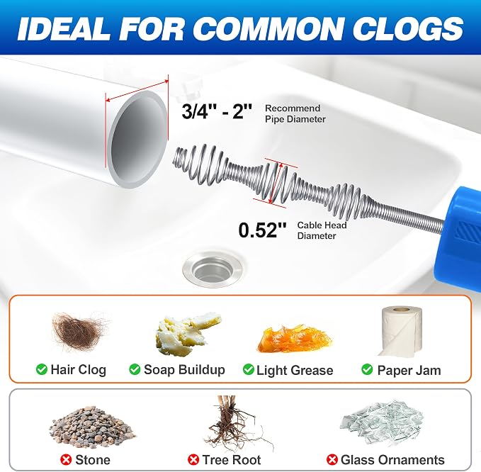 Drainsoon Auto Feed Drain Auger with Drill Adapter, 33 Feet Drain Snake Hair Clog Remover, Manual or Powered Plumbing Snake Drain Cleaner for Bathroom, Shower, Kitchen Sink, Comes with Gloves