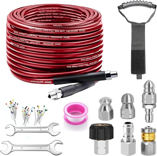 Sewer Jetter Kit for Pressure Washer, 50FT Drain Cleaner Hose 5800PSI with 1/4 Inch NPT Corner, Rotating Nozzle and 4 Different Button Nose Sewer Jet Nozzles, Waterproof Tape and 2 Spanners (Red)