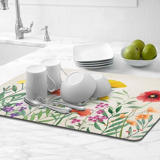 LOKHOM Dish Drying Mat for Kitchen Counter, 18"x24" Absorbent Coffee Bar Mat with Spring Floral, Dish Drainer Rack Mat for Kitchen Counter