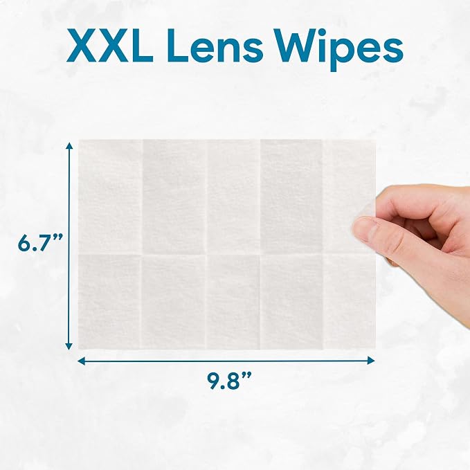 XXL Lens Wipes, 250 Count - 9.8"x6.7" Eye Glasses Cleaner Wipes for Lenses, Watches, Display Screens, and More - Cleans and Shines - Quick Drying, No Smear with Isopropyl Alcohol