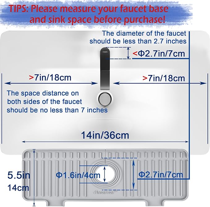 Amerner Kitchen Sink Splash Guard, Silicone Faucet Guard & Draining Mat, 10° Large Slope Sink Faucet Mat Splash Guard, Bathroom Sink Organizer, Kitchen Sink Accessories Gadgets, 14.2” x 5.1”, Gray