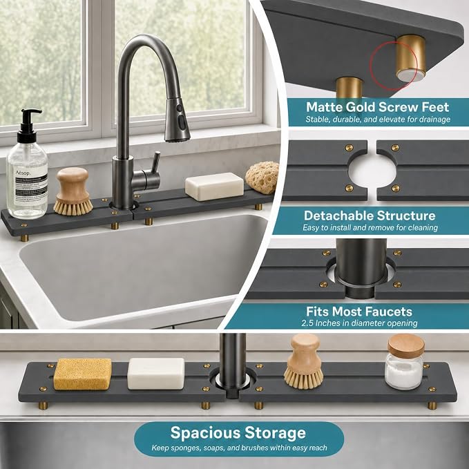 2PCS Stone Faucet Mat for Kitchen Sink, Water Absorbing Sink Tray Organizer for Bathroom Counter, Diatomite Soap Dish Coaster Caddy Riser, Sponge Holder Dispenser Mat, Dark Gray, 23.6" x 4", 1 Set