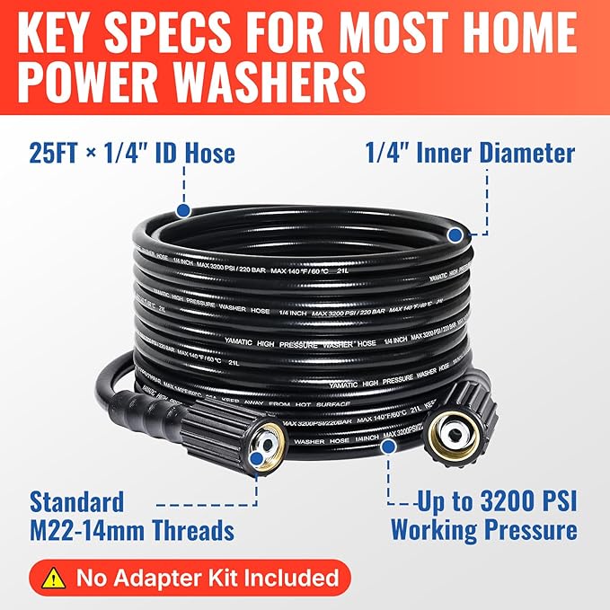YAMATIC Pressure Washer Hose 25FT x 1/4", 3200 PSI Kink Resistant OEM-Quality Upgrade Power Washer Replacement with M22-14mm Brass Fittings for Ryobi, Troy Bilt, Greenworks, Craftsman