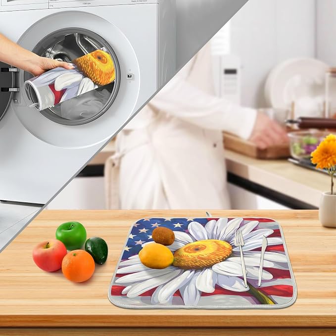 Daisy Flowers and American Flag Dish Drying Mat for Kitchen Ccounter Absorbent Microfiber Small Drying Pad Dish Mats for Kitchen Countertops 16 x 18 Inch