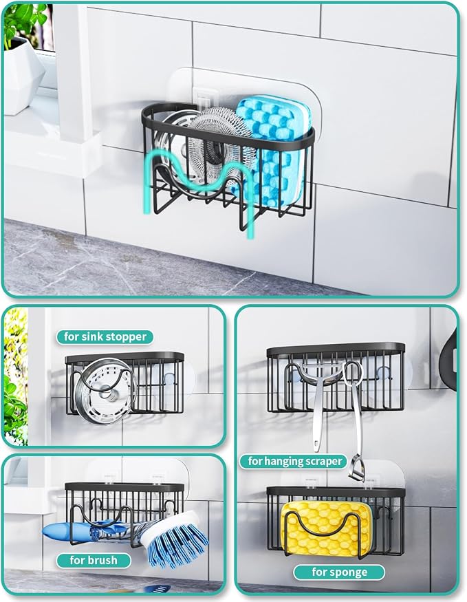 HapiRm Multifunctional Sponge Holder with Unique M-Shaped, 2 Installation Methods Kitchen Sink Caddy Organizer, Rustproof Stainless Steel Kitchen Organizers and Storage Essentials - Black