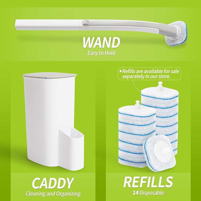 IVYROLL Toilet Bowl Cleaner Wand with 14 Refills, Disposable Toilet Brush Set with Holder, Cleaning System Starter Wand Kit, Bathroom Cleaning Set