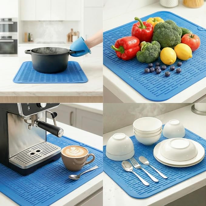 MicoYang Silicone Dish Drying Mat for Multiple Usage,Easy clean,Eco-friendly,Heat-resistant Silicone Mat for Kitchen Counter or Sink,Refrigerator or Drawer Liner Lichen BlueL XL 18 inches x 16 inches