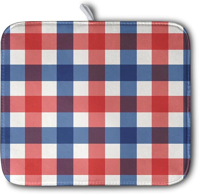 4th of July Dish Drying Mat Patriotic Buffalo Plaid Drying Mats for Kitchen Counter Absorbent Microfiber Dish Drainer Pad Independence Memorial Day Dish Draining Mat 16x18 Inch