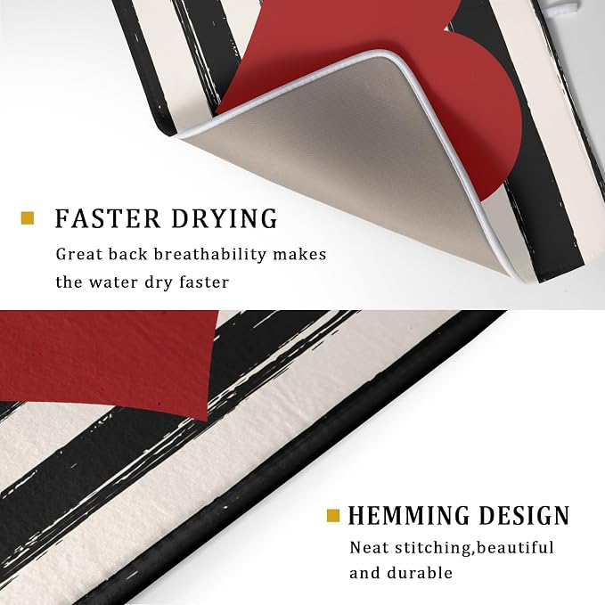 Valentine's Day Dish Drying Mat for Kitchen Counter Black Plaid Heart Microfiber Absorbent Dish Draining Reusable Washable Foldable Extra Large 18"x24"