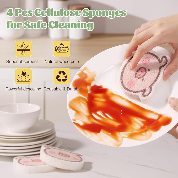 JOYMOOP Kitchen Sponge for Washing Dishes, 4 Pack Cartoon Cellulose Sponges for Cleaning, Reusable Non-Scratch Sponges for Household, Car Interior and Pet Supplies - Piggy Pattern