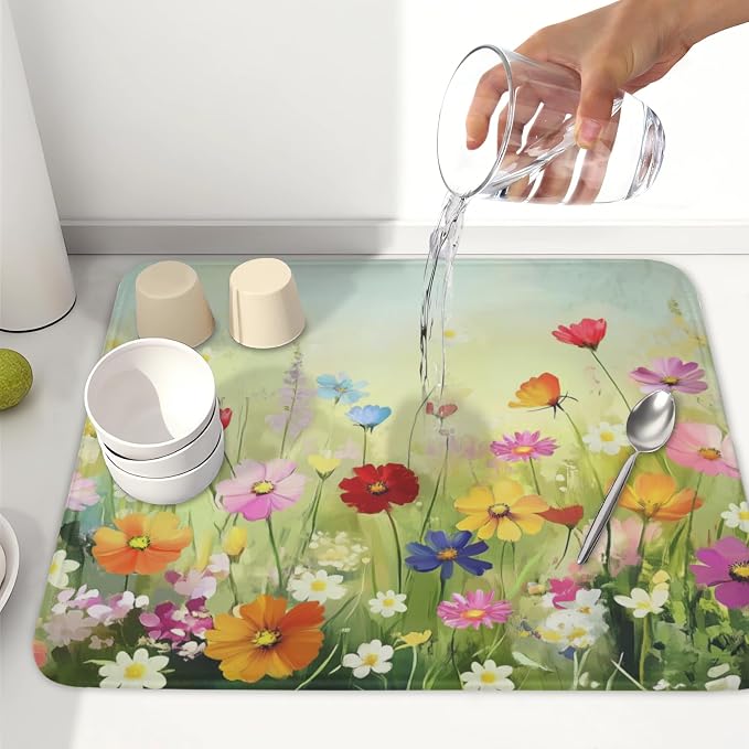 Spring Summer Daisy Dish Drying Mat 16 x 18 Inch Colourful Floral Pattern Dish Drainer Rack Mat Absorbent Microfiber Mats Holiday Dish Pad for Kitchen Coffee Dining Bar Decor