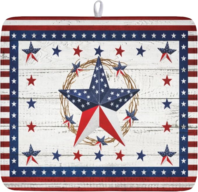 4th of July Patriotic Dish Drying Mat for Kitchen Counter Vintage Red and Blue Star Microfiber Dish Drainer Mat Country Absorbent Washable Drying Pad 16"x18"