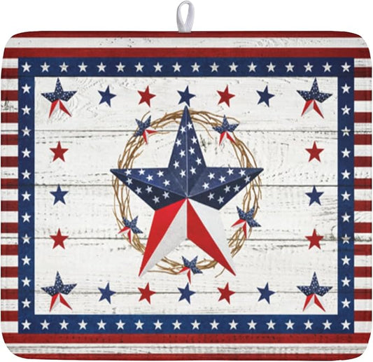 4th of July Patriotic Dish Drying Mat for Kitchen Counter Vintage Red and Blue Star Microfiber Dish Drainer Mat Country Absorbent Washable Drying Pad 16"x18"